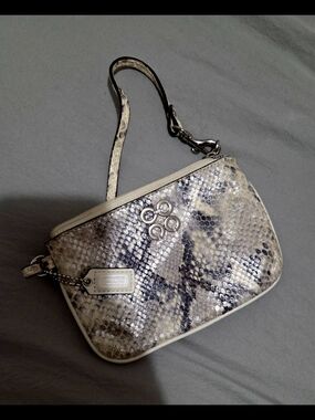 Coach Snake-Print Wristlet in Cream and Black